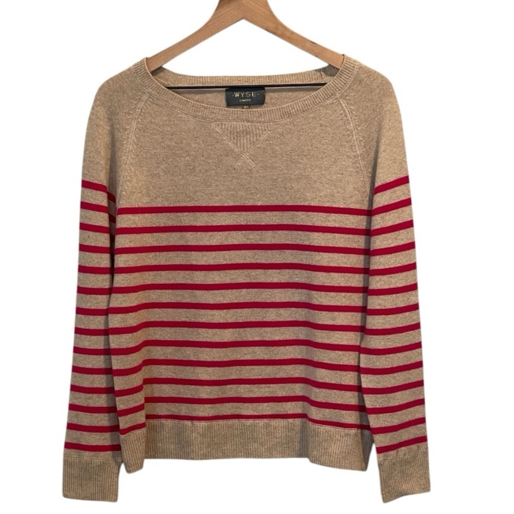 Wyse London 100% Cashmere Boatneck Sweater, Tan With Pink Stripes, Size M/L